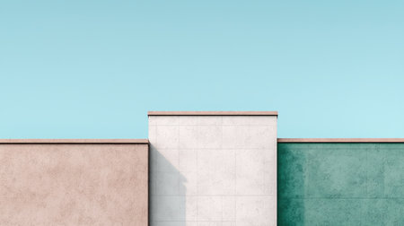 A simple architectural composition featuring three colored walls under a clear blue sky.の素材