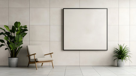 A minimalist interior featuring a blank framed canvas, a cozy chair, and potted plants, creating a serene and inviting atmosphere.の素材