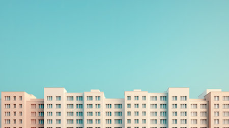A minimalist view of pastel-colored apartment buildings against a clear blue sky, showcasing modern architecture and urban living.の素材