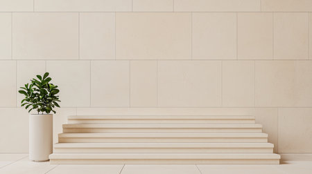 A minimalist interior featuring a series of white steps beside a potted plant against a light wall.の素材