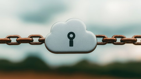 A cloud-shaped padlock symbolizes cybersecurity, protecting data linked with a chain, representing security in cloud storage.の素材