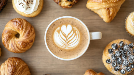 A cozy arrangement of coffee with latte art surrounded by assorted pastries, creating an inviting and delicious breakfast scene.の素材