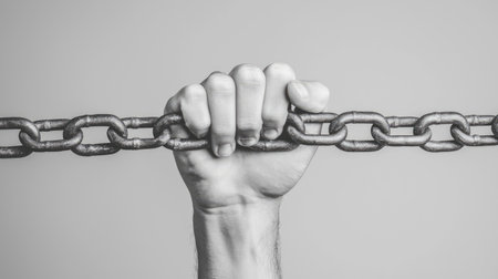 A hand gripping a chain symbolizes strength, resilience, and the struggle against constraints or oppression in a monochrome setting.の素材