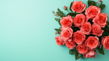 A bouquet of vibrant coral roses on a soft mint background, creating a fresh and elegant floral arrangement.の素材