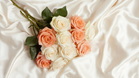 A beautiful bouquet of peach and white roses resting elegantly on soft satin fabric.の素材
