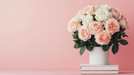 A beautiful arrangement of pastel roses in a white vase, complemented by books, set against a soft pink background.の素材