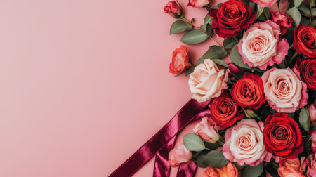 A beautiful arrangement of red and pink roses with delicate greenery and a silky ribbon on a soft pink background.の素材