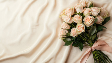 A delicate bouquet of pale pink roses rests on soft, cream-colored fabric, accented with a flowing ribbon, creating a serene and elegant atmosphere.の素材