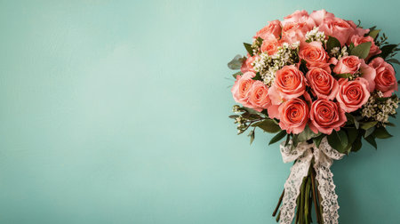 A beautiful bouquet of peach roses with greenery, elegantly tied with lace, set against a soft turquoise background.の素材