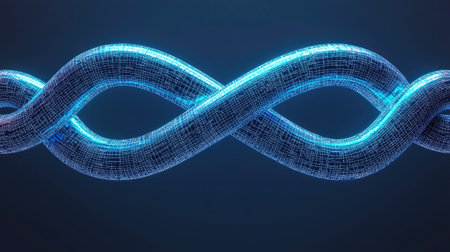 A glowing, abstract infinity symbol made of interconnected lines, set against a dark background, suggesting concepts of continuity and connection.の素材
