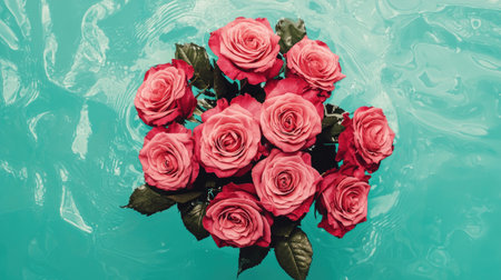 A vibrant bouquet of pink roses floats gracefully on a turquoise surface, creating a striking contrast and an inviting visual appeal.の素材