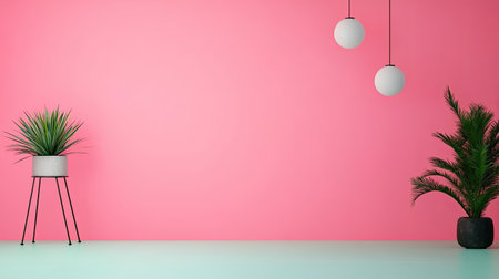 A bright pink wall complements green plants and modern pendant lights, creating a vibrant, stylish interior space.の素材