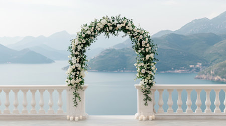 A serene wedding arch adorned with white flowers overlooks a tranquil lake and distant mountains, creating a picturesque backdrop for a celebration.の素材
