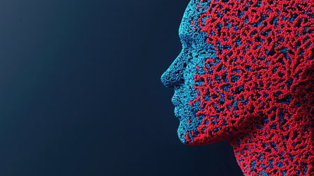 A stylized human silhouette is presented in intricate red and blue patterns against a dark background, symbolizing creativity and technology.の素材