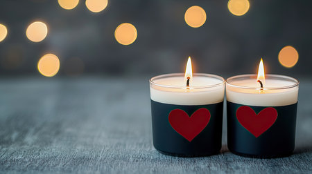 Two heart-decorated candles glow warmly against a blurred backdrop of soft, ambient lights, creating a cozy, romantic atmosphere.の素材