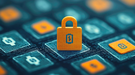 A digital padlock stands prominently on a keyboard, symbolizing cybersecurity and data protection in a modern, tech-savvy environment.の素材
