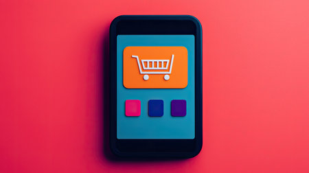 A smartphone displaying a colorful shopping cart icon on a vibrant background, symbolizing online shopping and e-commerce.の素材