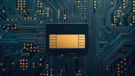 A close-up of a circuit board featuring a gold contact chip, highlighting intricate electronic pathways and connections.の素材