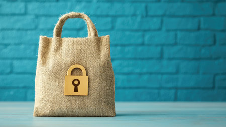 A stylish burlap bag with a lock symbol stands against a vibrant blue brick wall, representing security and eco-friendly design.の素材