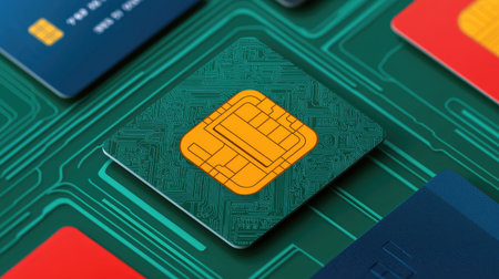 A close-up of a green circuit board featuring an orange chip, surrounded by various credit and debit cards.の素材