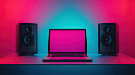 A sleek laptop sits between two speakers, illuminated by vibrant pink and blue lighting, creating a modern, tech-inspired atmosphere.の素材