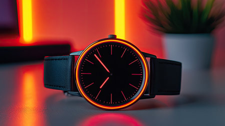 A sleek black watch with a glowing orange bezel, set against a vibrant backdrop, showcases modern design and style.の素材