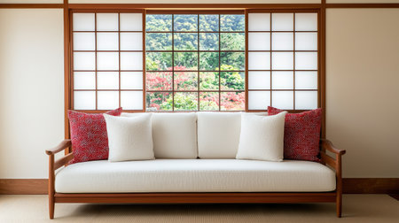 A serene room featuring a white sofa with red cushions, complemented by a large window showcasing lush greenery outside.の素材