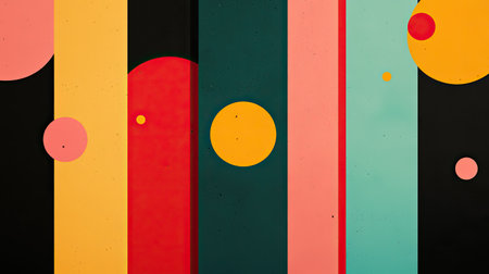 A vibrant abstract composition featuring vertical stripes and geometric circles in bold colors against a dark background.の素材