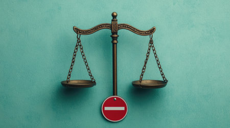 A balance scale with a red "no entry" sign, symbolizing justice and restrictions against wrongdoing.の素材