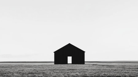 A solitary black house stands against a vast, empty landscape, evoking feelings of isolation and simplicity in a monochromatic setting.の素材