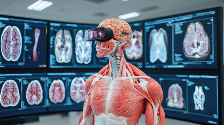 A digital anatomical model with VR goggles stands in front of multiple screens displaying detailed human organ scans.の素材
