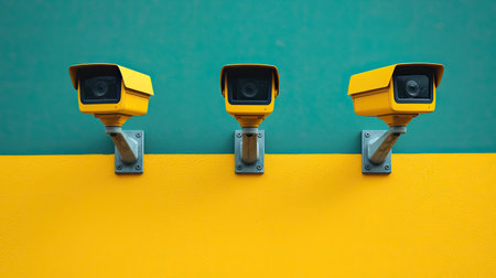 Three yellow surveillance cameras mounted on a vibrant teal and yellow wall, emphasizing a modern and colorful approach to security.の素材