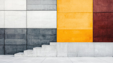 A modern concrete wall features bold, geometric color blocks in gray, yellow, and red, with steps leading up, showcasing contemporary architectural design.の素材