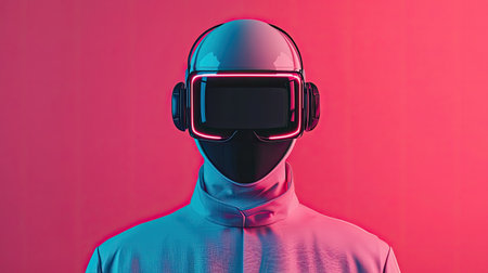 A futuristic figure wearing VR goggles and headphones stands against a vibrant pink and blue background, embodying advanced technology and virtual reality.の素材