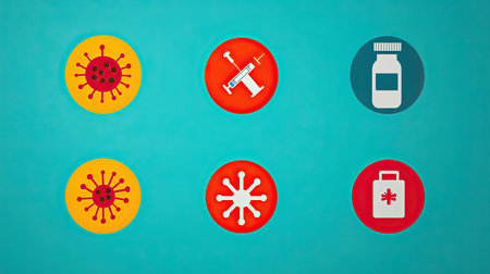 Colorful icons depicting viruses, a syringe, and a medicine bottle, symbolizing health, vaccination, and disease prevention.の素材
