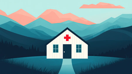 A serene, stylized illustration of a medical cabin set against mountainous scenery, featuring a red cross symbol on the front.の素材