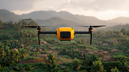 A drone hovers over lush green hills and valleys, capturing stunning aerial views of the landscape and nearby settlements during golden hour.の素材