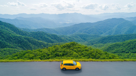 A vibrant yellow car parked on a scenic road, surrounded by lush green mountains under a cloudy sky, showcasing nature's beauty.の素材