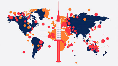 A colorful world map highlighting various locations with dots, featuring a prominent tower in the center, representing global connectivity and landmarks.の素材