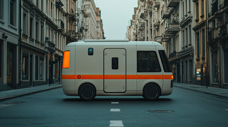 A vintage-style van parked in a quiet urban street, showcasing its unique design and muted colors against a backdrop of classic architecture.の素材