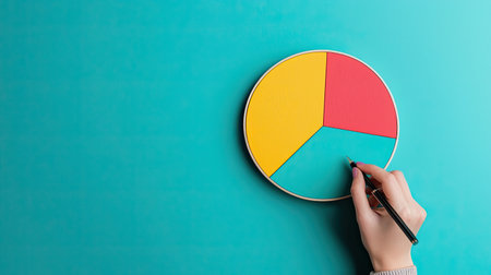 A hand draws sections on a colorful pie chart against a turquoise background, illustrating data visualization techniques.の素材