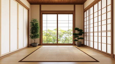 A serene, minimalist interior featuring sliding doors, natural light, and decorative plants, creating a tranquil atmosphere.の素材