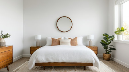 A serene, modern bedroom featuring a cozy bed, wooden furniture, decorative pillows, and a lush plant, bathed in natural light.の素材