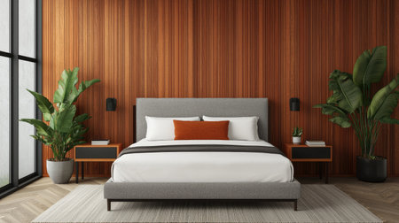 A modern bedroom featuring a gray bed, wooden accent wall, stylish nightstands, and greenery, creating a serene and inviting atmosphere.の素材