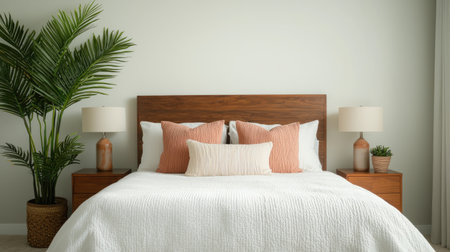 A stylish bedroom featuring a wooden headboard, white bedding, decorative pillows, bedside lamps, and a potted plant, creating a cozy and inviting atmosphere.の素材