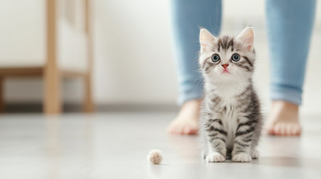 A curious kitten sits on the floor, watching a small ball, with human feet in the background.の素材