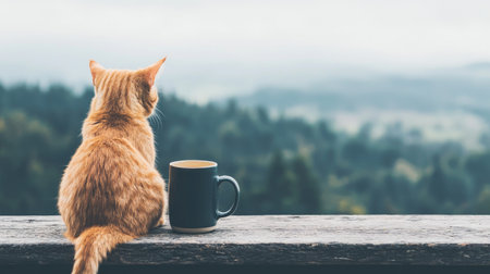 A serene scene of a cat gazing at a misty landscape, accompanied by a steaming mug, evoking calmness and tranquility in nature.の素材