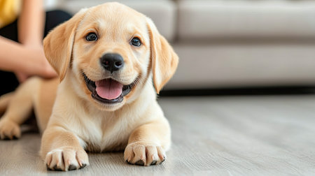 A playful Labrador puppy with a happy expression lies on the floor, enjoying companionship in a cozy indoor setting.の素材