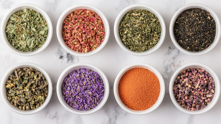 A vibrant array of colorful herbs and spices arranged in small bowls on a marble surface, showcasing diverse textures and hues.の素材
