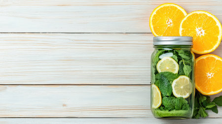 A jar filled with fresh mint leaves and citrus slices, accompanied by orange halves, set against a rustic wooden background.の素材